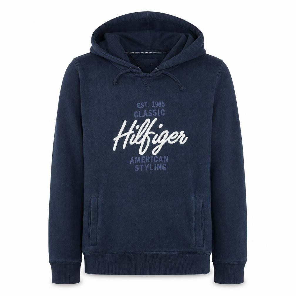 Front view of Tommy Hilfiger Men's Blue Pullover Hoodie L Classic Logo Fleece