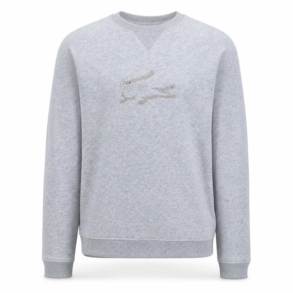 Front view of Lacoste boys’ grey crew neck sweatshirt, size 14, regular fit cotton blend