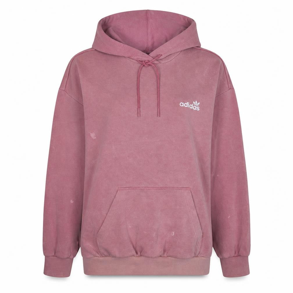 Front view of Adidas women’s pink pullover hoodie, size UK 12, relaxed fit cotton blend