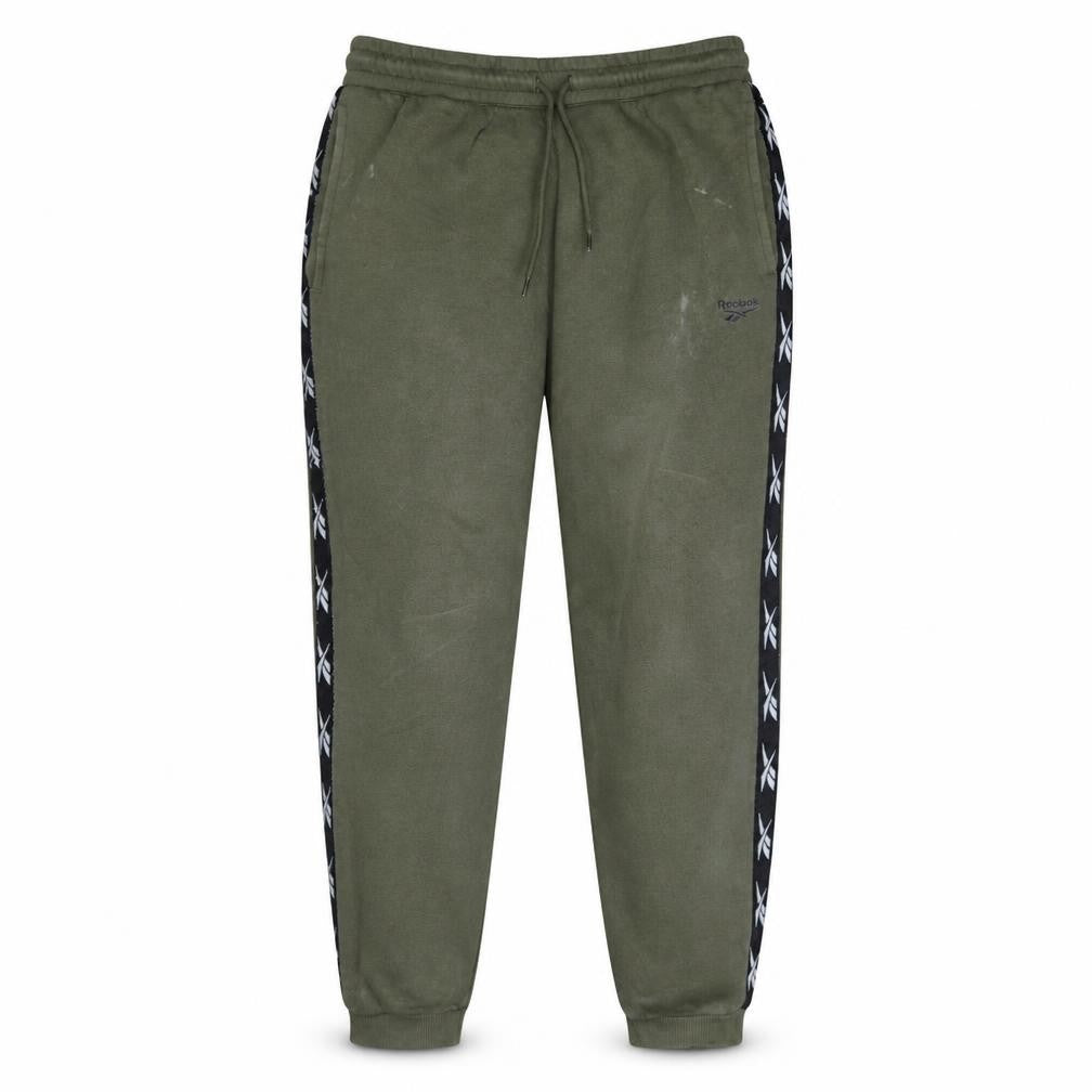 Front view of Reebok Men’s Green Jogger Sweatpants L Side Stripe Fleece Activewear