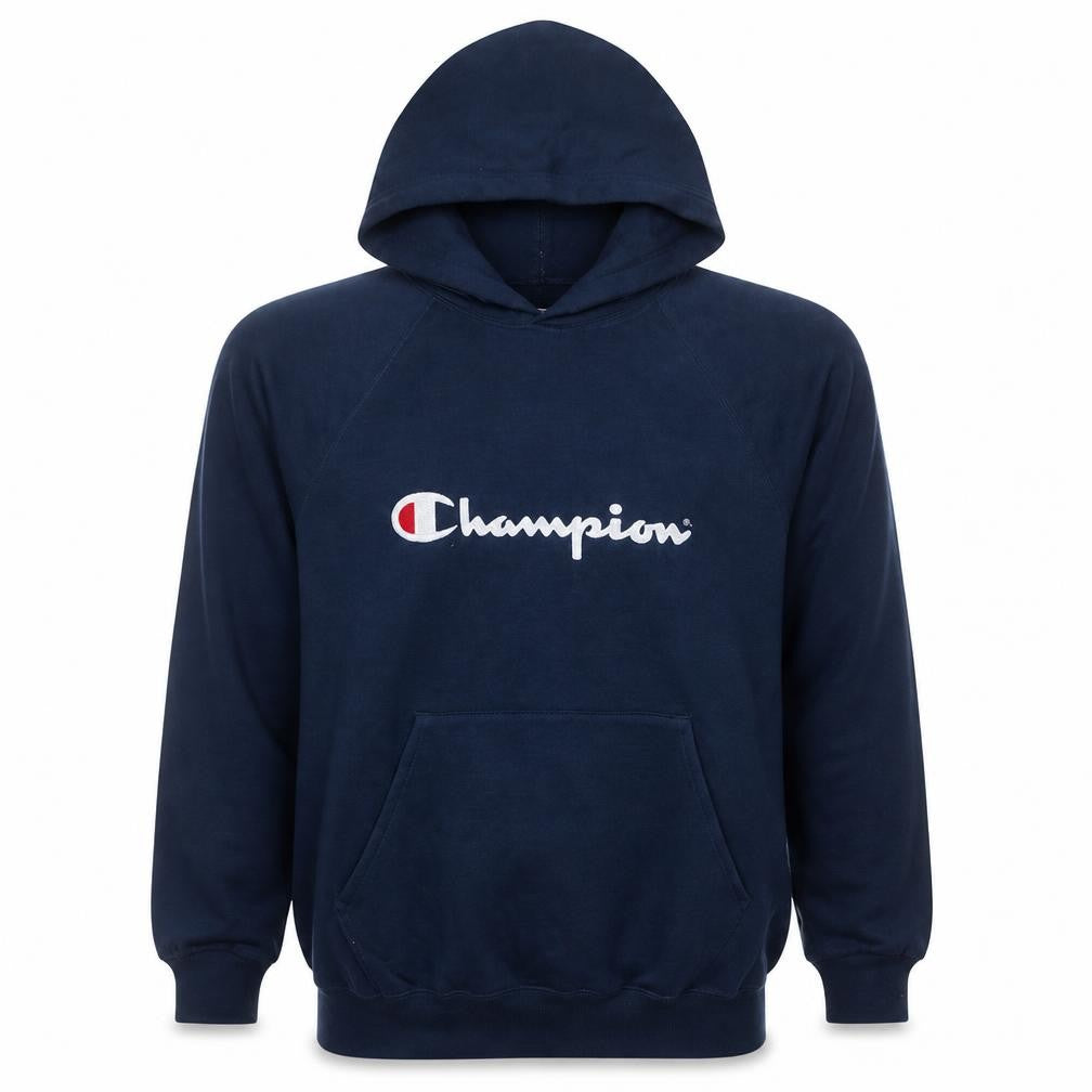 Front view of Champion Men's Blue Pullover Hoodie L Embroidered Logo