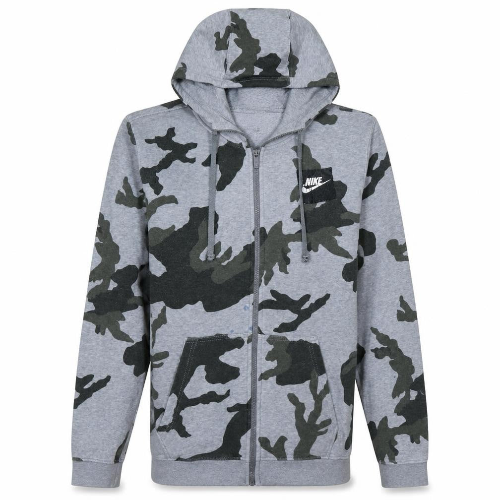 Front view of Nike Men's Grey Camouflage Full Zip Hoodie, size S