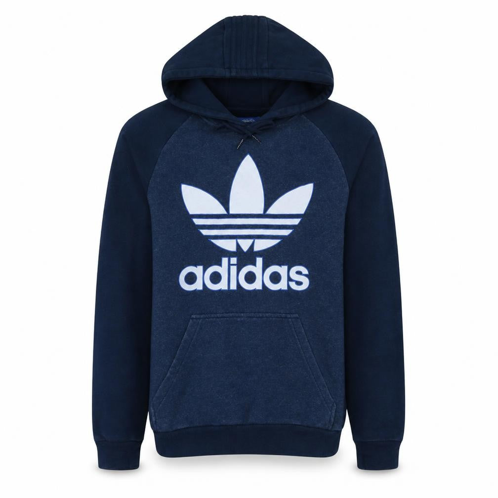 Front view of Adidas Men's Blue Pullover Hoodie Small Logo Fleece Sweatshirt