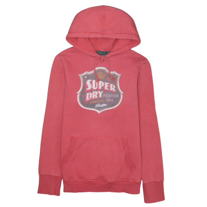 Superdry Men Red Pullover Hoodie Large Graphic Fleece Retro Style