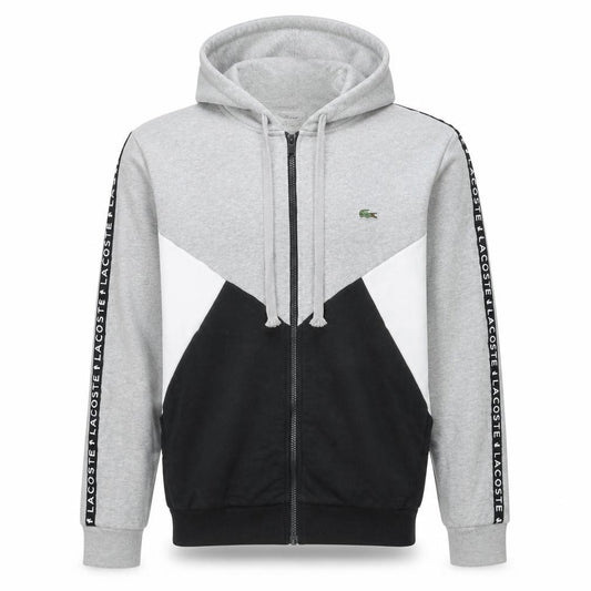 Front view of Lacoste Men’s Grey Full Zip Hoodie, size M, Colour Block Logo Sweatshirt