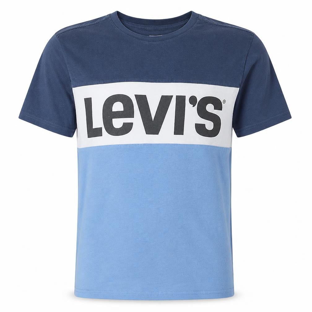 Front view of Levi's Men's Blue Colourblock Logo Cotton T-Shirt, size M