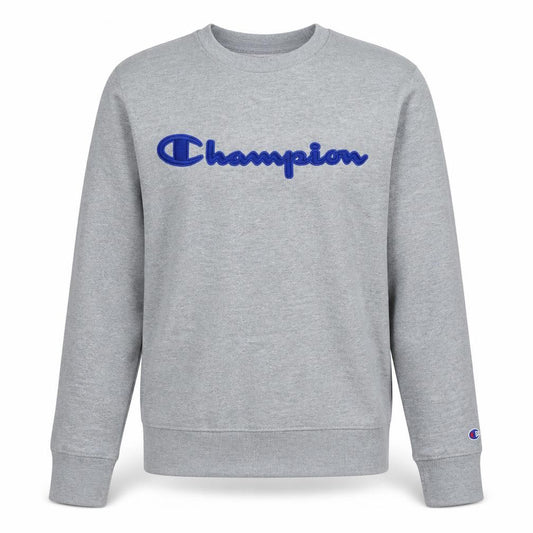 Front view of Champion Men's Grey Small Pullover Sweatshirt Crew Neck Embroidered Logo
