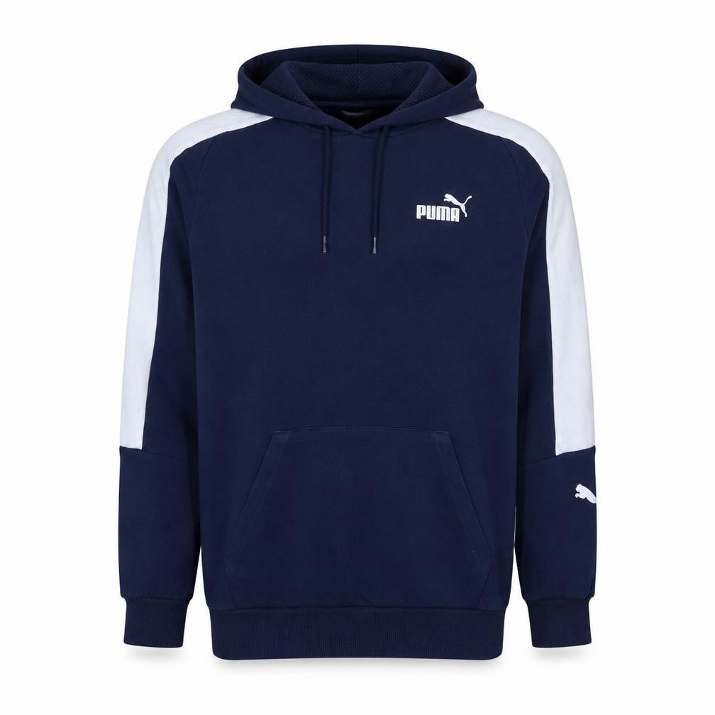 Front view of Puma Men's Blue Pullover Hoodie, size M, Logo Sportswear Sweatshirt
