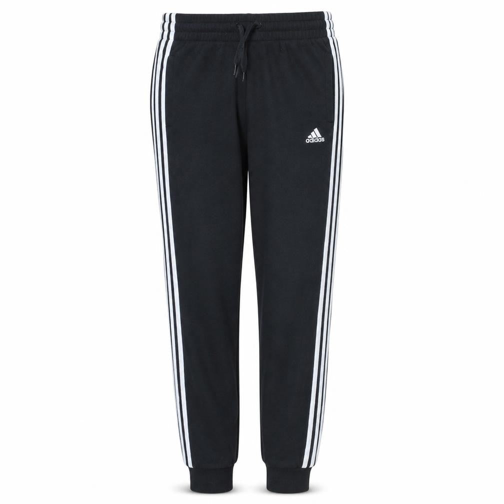 Front view of Adidas women’s black 12-14 jogger sweatpants with stripes