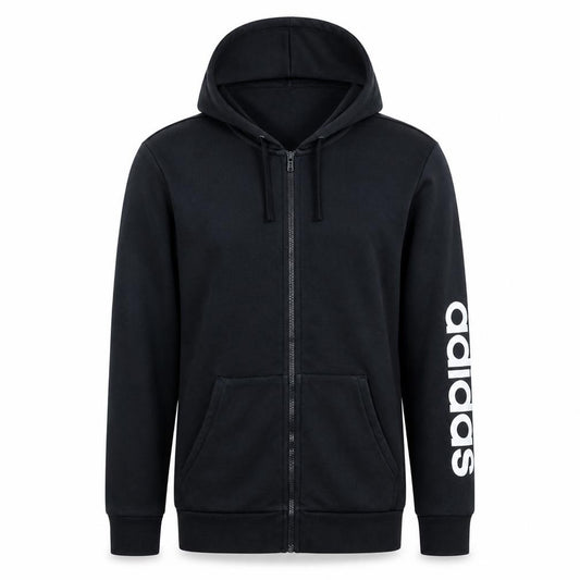 Front view of Adidas men’s black full zip hoodie, size M, sportswear sweatshirt
