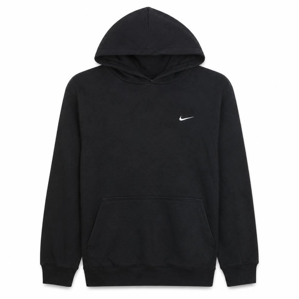Front view of Nike boys’ black pullover hoodie sweatshirt, size L, fleece lined casual