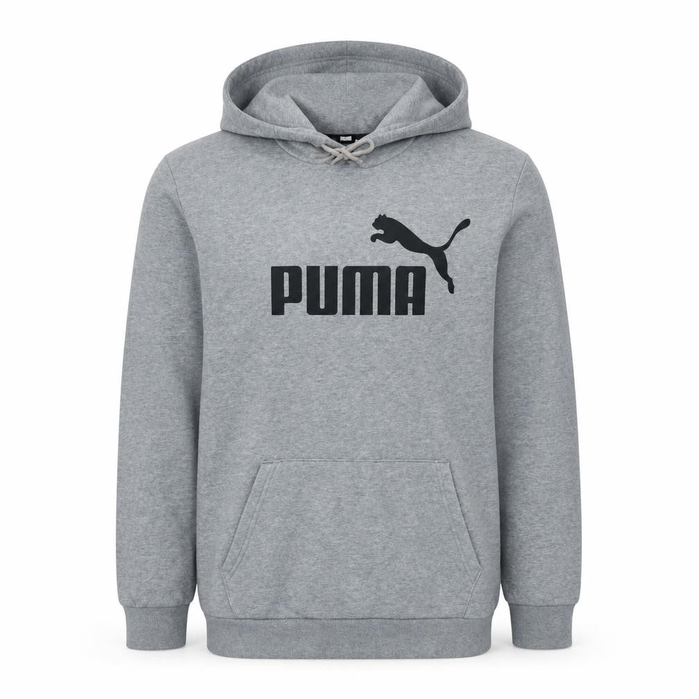 Front view of Puma Men's Grey Pullover Hoodie L Graphic Logo Fleece Sweatshirt