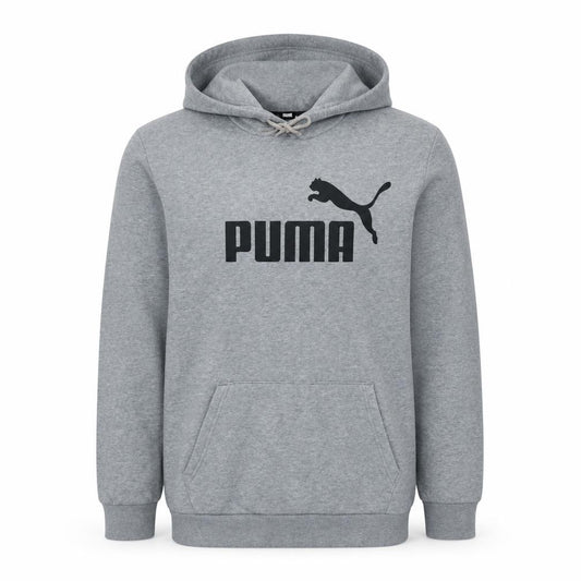 Front view of Puma Men's Grey Pullover Hoodie L Graphic Logo Fleece Sweatshirt