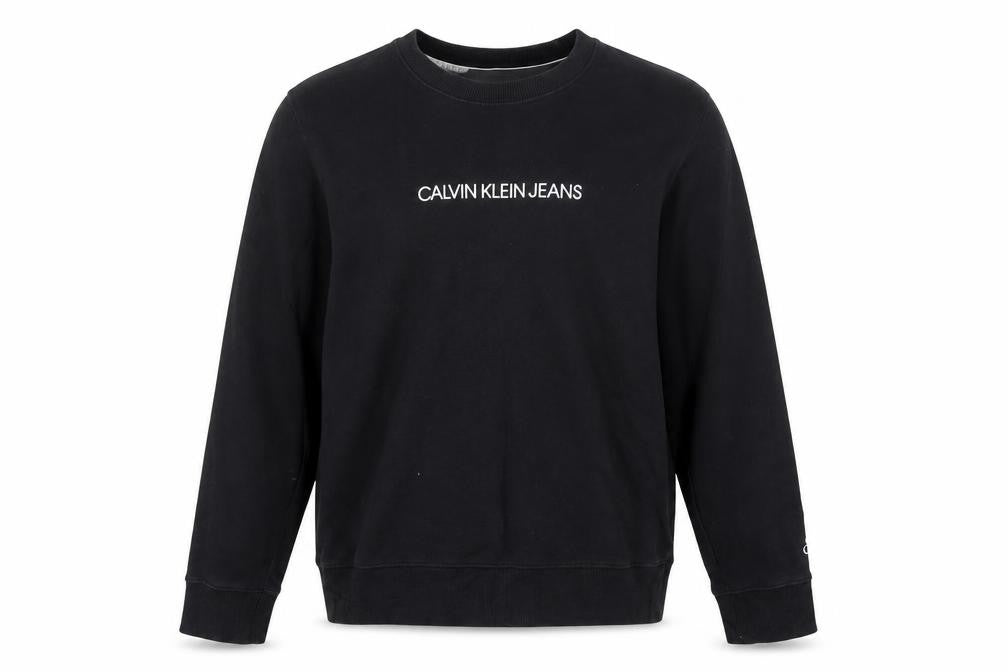 Front view of Calvin Klein Jeans Men's Black Logo Crew Neck Sweatshirt, size L