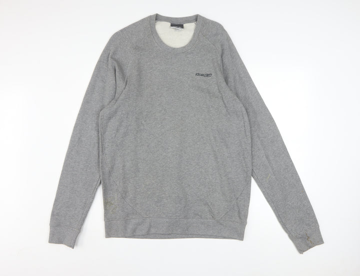 Reebok Men Grey L Sweatshirt Pullover Crew Neck Logo Cotton