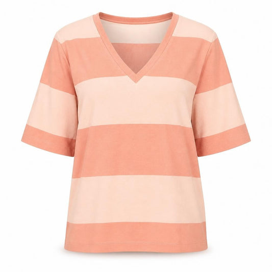 Front view of Marks & Spencer Autograph Women’s Pink Striped V-Neck T-Shirt, size UK 10