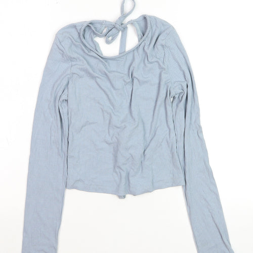 NA-KD Women Blue Cropped Long Sleeve Tie Front Top Size M