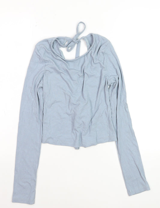 NA-KD Women Blue Cropped Long Sleeve Tie Front Top Size M