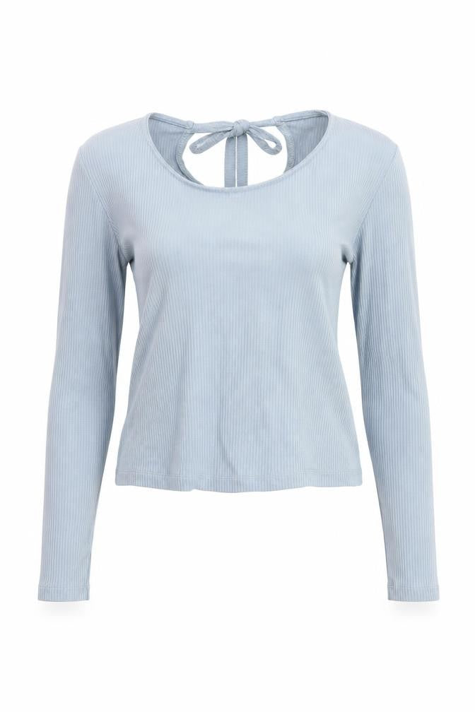 Front view of NA-KD Women Blue Cropped Long Sleeve Tie Front Top, size M
