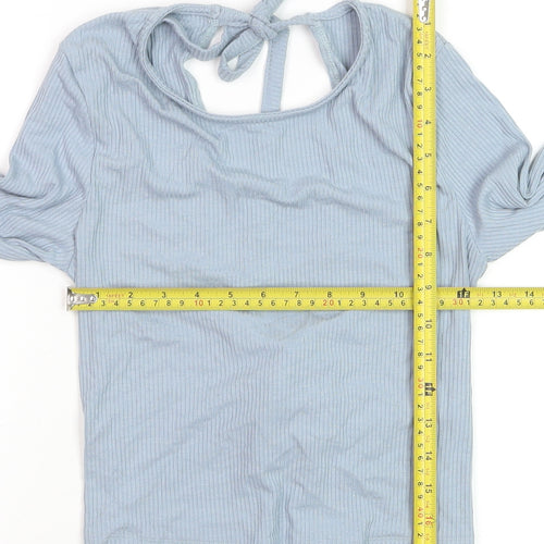 NA-KD Women Blue Cropped Long Sleeve Tie Front Top Size M