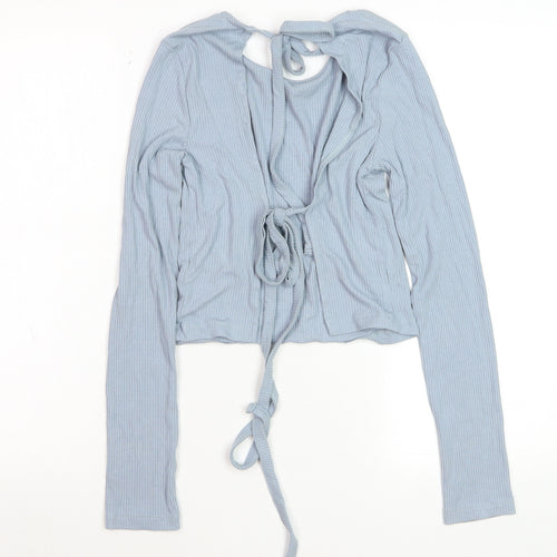 NA-KD Women Blue Cropped Long Sleeve Tie Front Top Size M