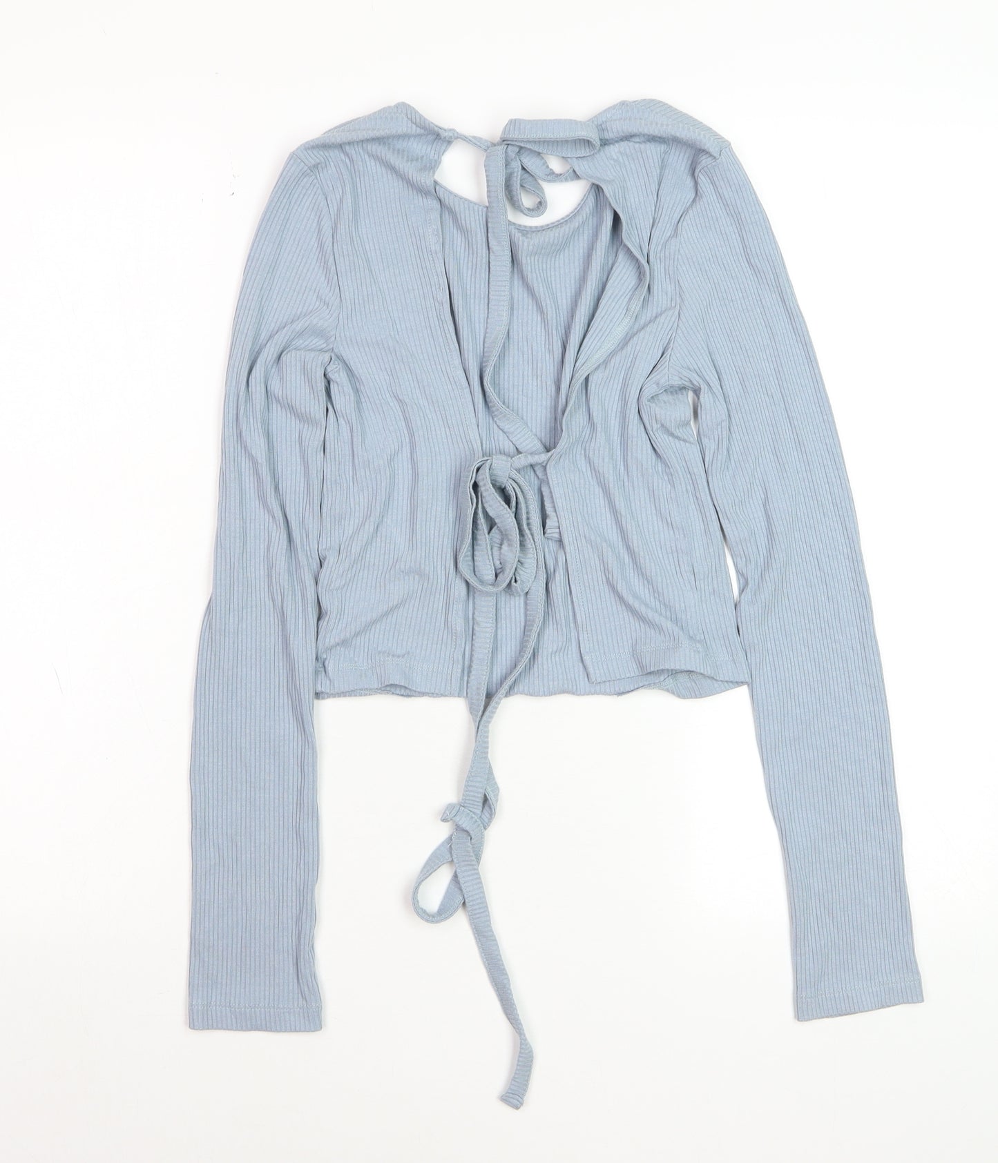 NA-KD Women Blue Cropped Long Sleeve Tie Front Top Size M