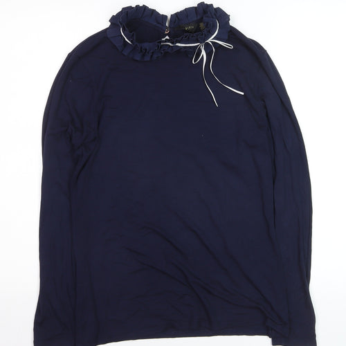 Ted Baker Women Blue Ruffle High Neck Long Sleeve Cotton Blouse Size 14