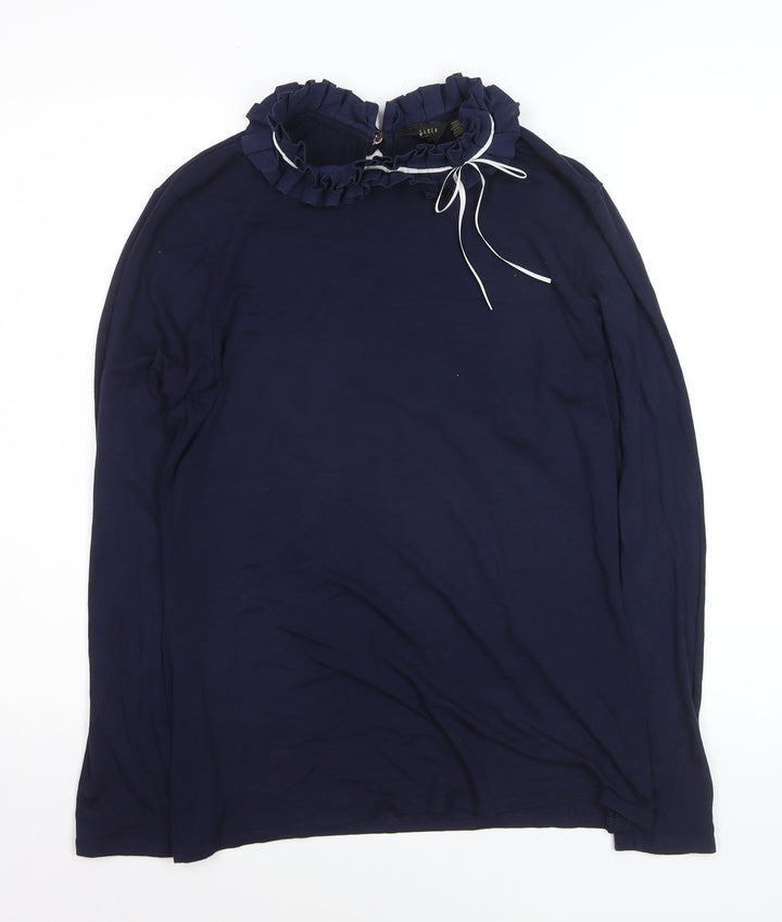 Ted Baker Women Blue Ruffle High Neck Long Sleeve Cotton Blouse Size 14