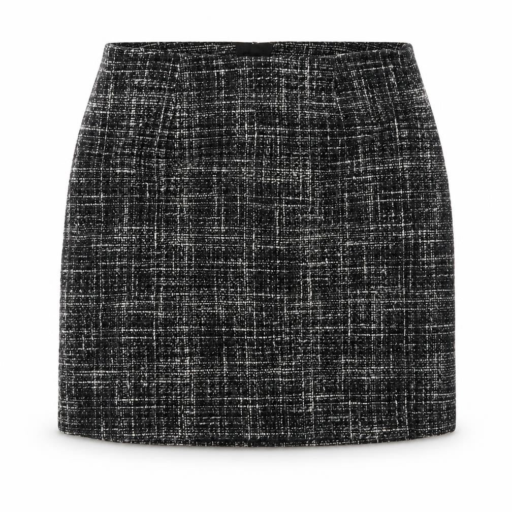 Front view of H&M Women's Black Check Tweed Pencil Skirt, size 8, Workwear