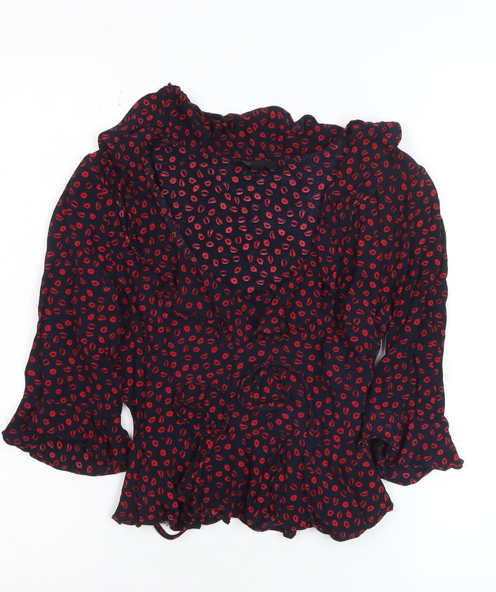Topshop Petite Blue Red Ruffle Wrap Blouse Women’s Size 6
