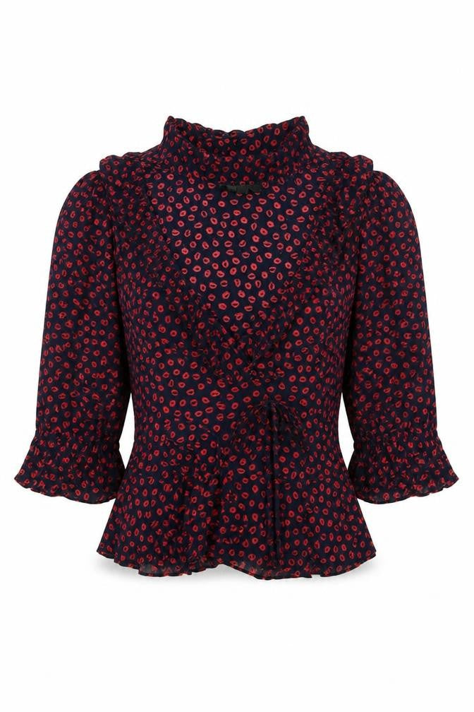 Front view of Topshop Petite Blue Red Ruffle Wrap Blouse Women’s, size UK 6
