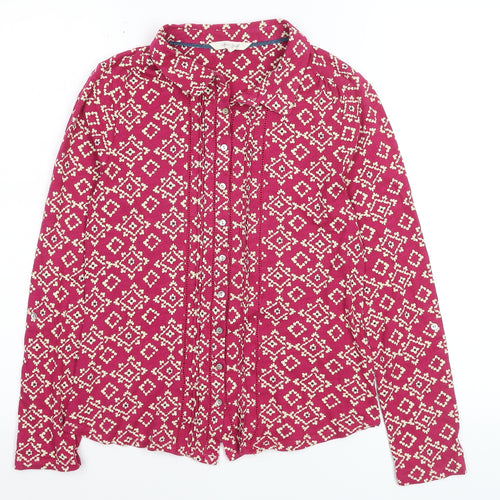 White Stuff Women Pink Geometric Cotton Blouse Size 8 Long Sleeve