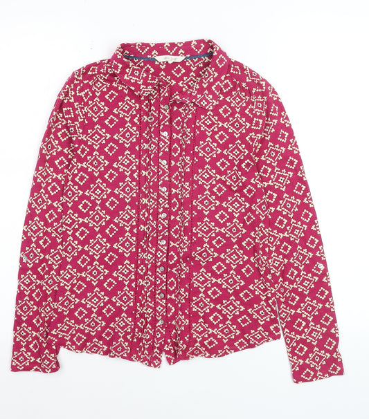 White Stuff Women Pink Geometric Cotton Blouse Size 8 Long Sleeve