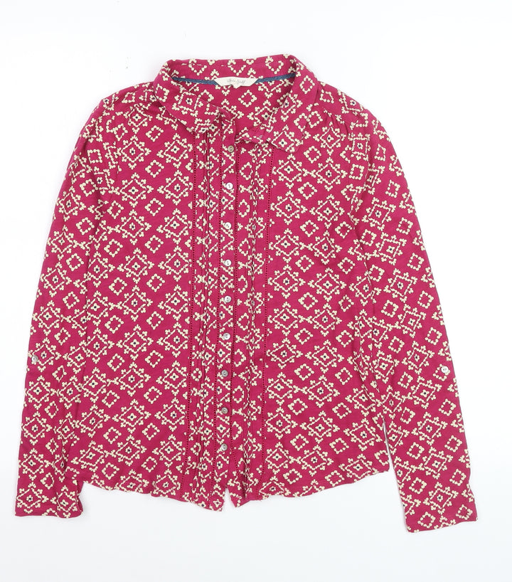 White Stuff Women Pink Geometric Cotton Blouse Size 8 Long Sleeve