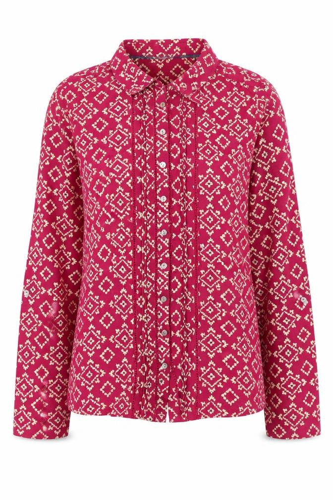 Front view of White Stuff Women Pink Geometric Cotton Blouse, size 8, Long Sleeve
