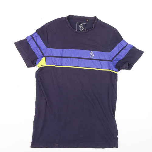 LUKE Boys Blue Colourblock Crew Neck Cotton T-Shirt Size Small