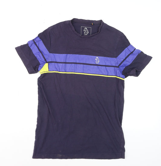 LUKE Boys Blue Colourblock Crew Neck Cotton T-Shirt Size Small