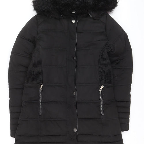 Firetrap Girls Black Long Hooded Puffer Coat 11-12 Years Faux Fur Trim