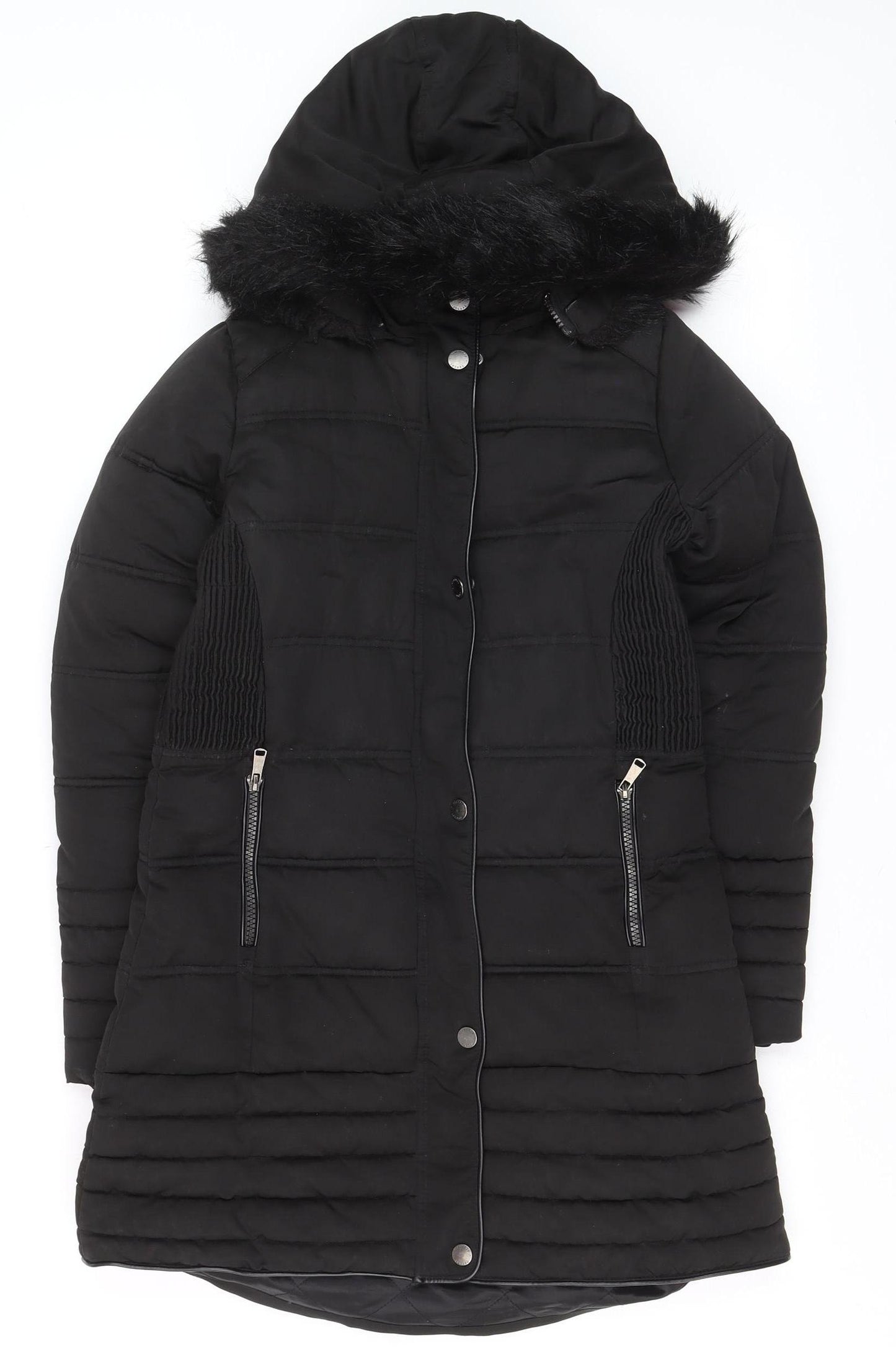 Firetrap Girls Black Long Hooded Puffer Coat 11-12 Years Faux Fur Trim