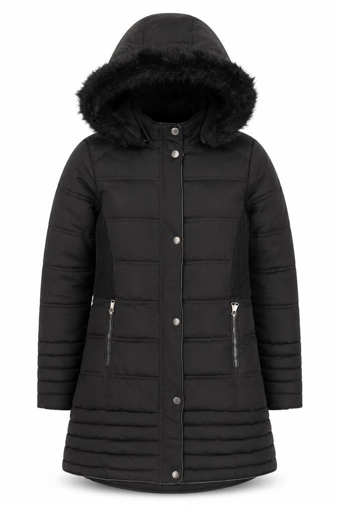 Firetrap Girls Black Long Hooded Puffer Coat 11-12 Years Faux Fur Trim