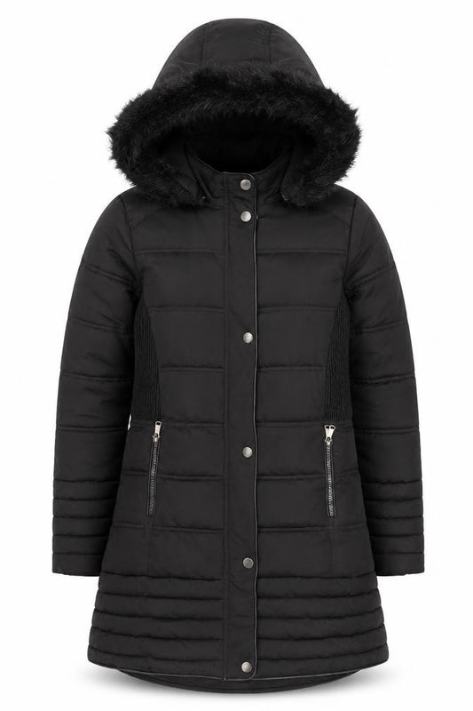 Firetrap Girls Black Long Hooded Puffer Coat 11-12 Years Faux Fur Trim