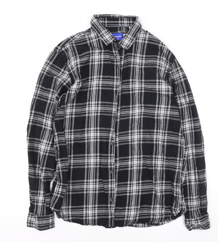 Jack & Jones Men's Black Check Cotton Long Sleeve Shirt L
