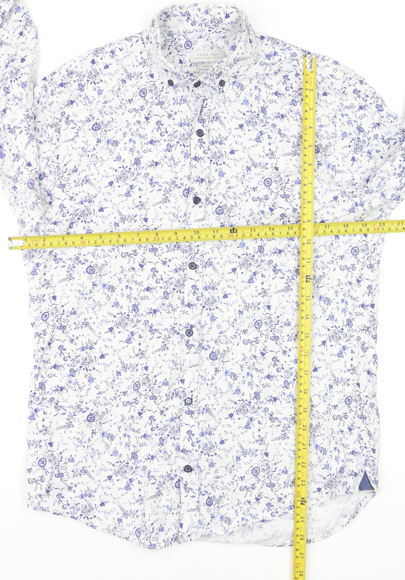 Zara Man Slim Fit White Floral Button-Up Shirt Men's Medium