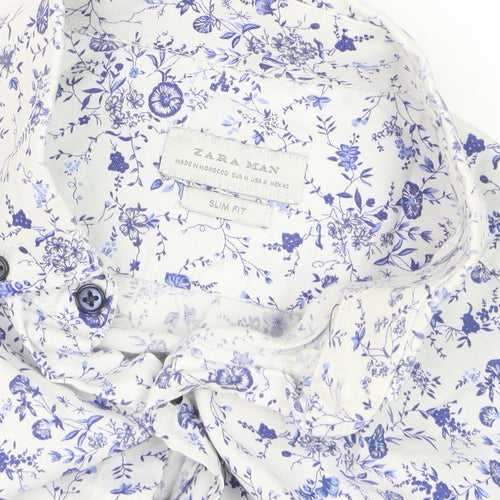 Zara Man Slim Fit White Floral Button-Up Shirt Men's Medium