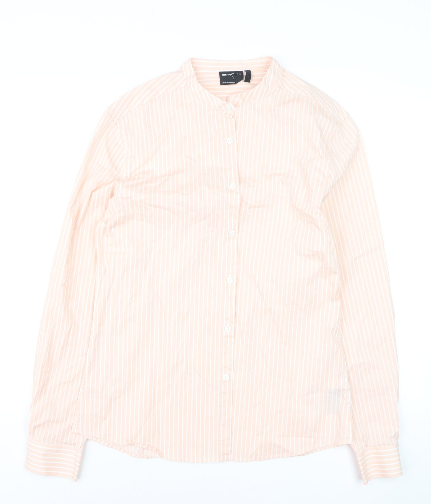 ASOS DESIGN Men's Beige Striped Band Collar Long Sleeve Shirt Size L