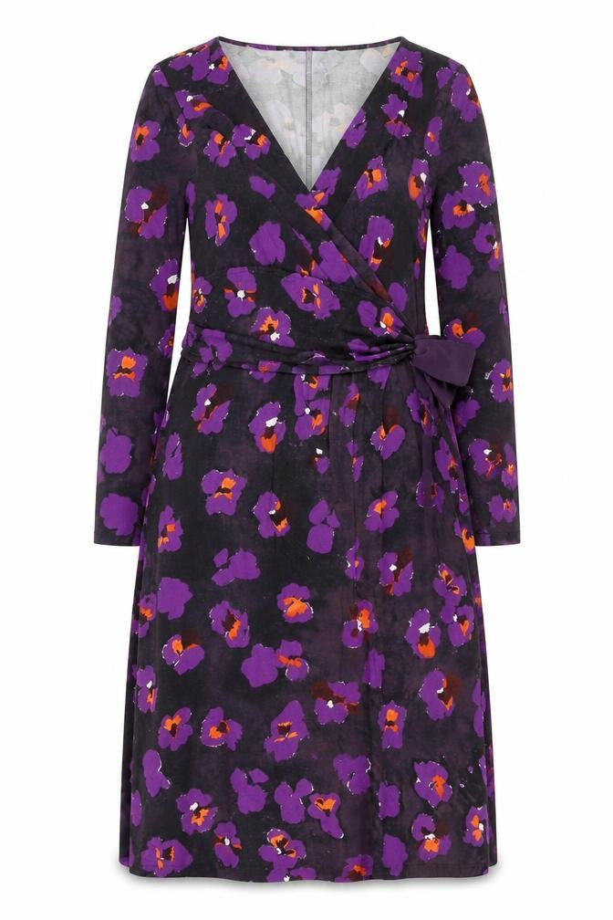 Front view of Fenn Wright Manson Women Purple Floral Wrap Dress, size 16