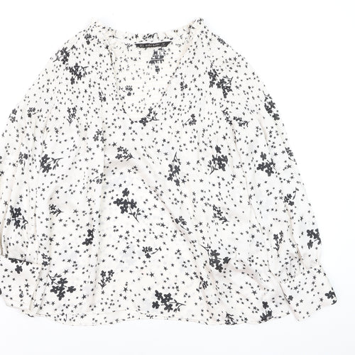 Zara Women White Floral Star Tunic Blouse Size 12 Long Sleeve
