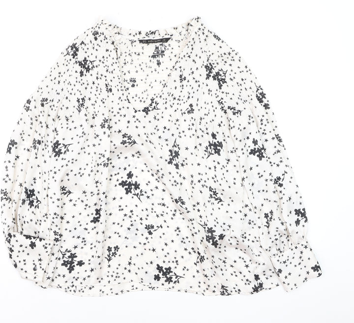 Zara Women White Floral Star Tunic Blouse Size 12 Long Sleeve