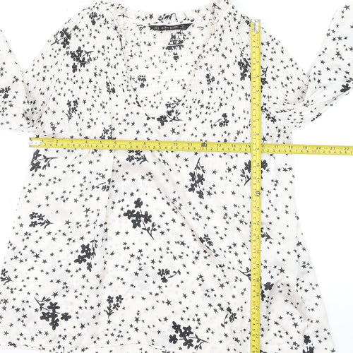 Zara Women White Floral Star Tunic Blouse Size 12 Long Sleeve