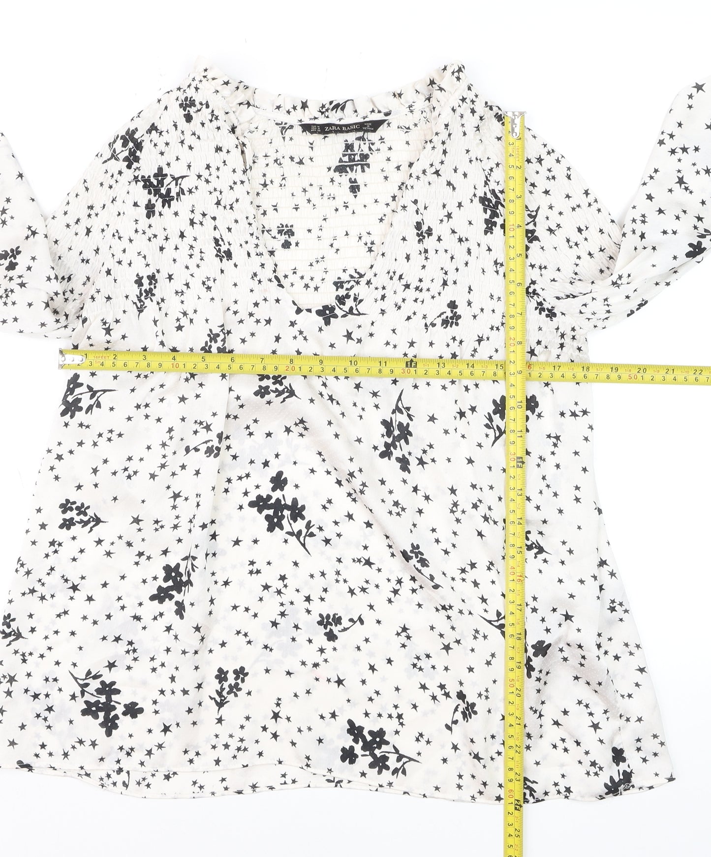 Zara Women White Floral Star Tunic Blouse Size 12 Long Sleeve